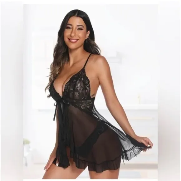 0399 Black lace lingerie set - babydoll top and short shorts
