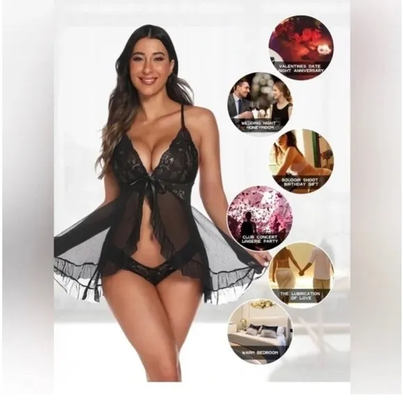 0399 Black lace lingerie set - babydoll top and short shorts
