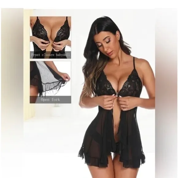 0399 Black lace lingerie set - babydoll top and short shorts