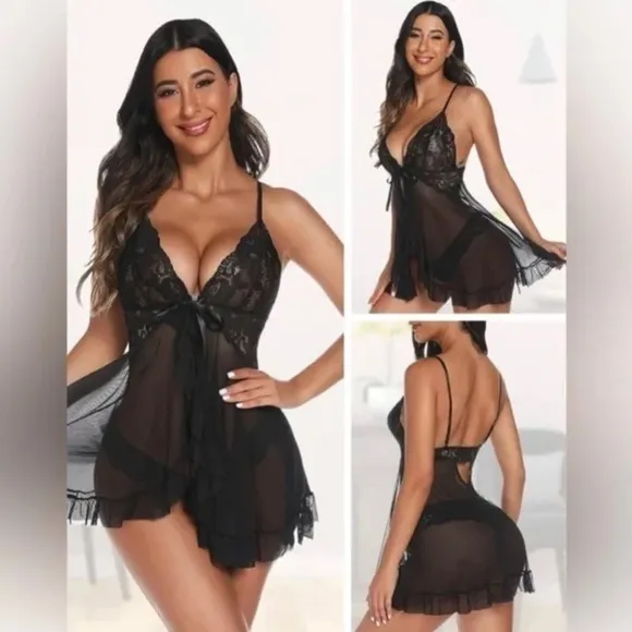 0399 Black lace lingerie set - babydoll top and short shorts