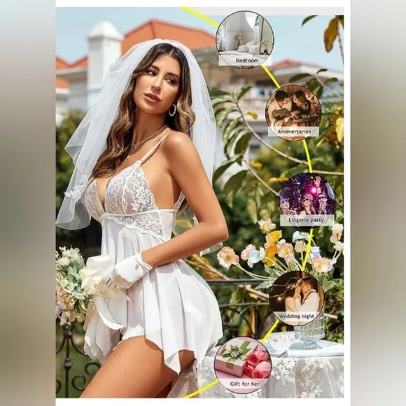 058 Women Lace Lingerie Front Closure Babydoll V Neck