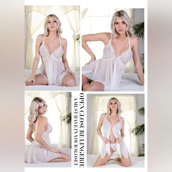 058 Women Lace Lingerie Front Closure Babydoll V Neck