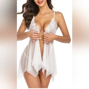 058 Women Lace Lingerie Front Closure Babydoll V Neck