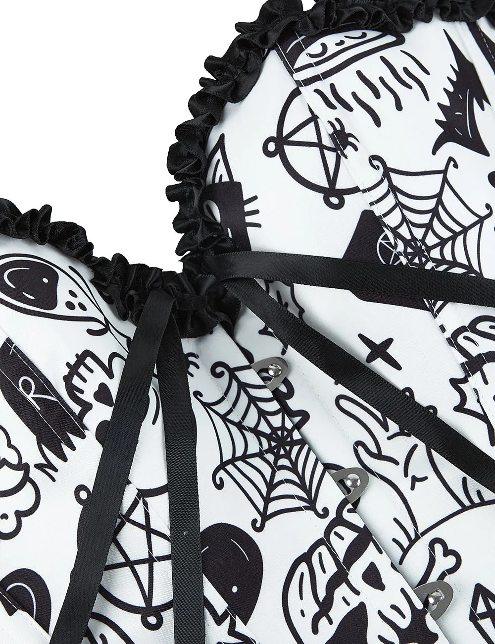 12 Pieces Plastic Bones White Sexy Cartoon Print Bow Lace Up Halloween Corset