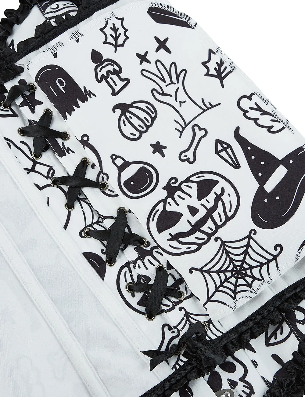 12 Pieces Plastic Bones White Sexy Cartoon Print Bow Lace Up Halloween Corset