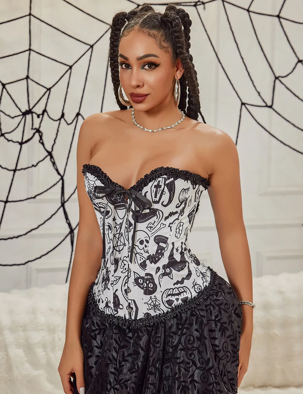 12 Pieces Plastic Bones White Sexy Cartoon Print Bow Lace Up Halloween Corset
