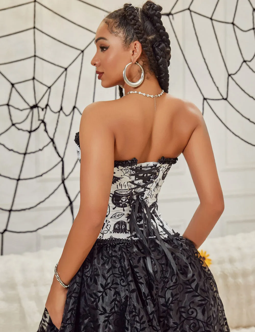 12 Pieces Plastic Bones White Sexy Cartoon Print Bow Lace Up Halloween Corset