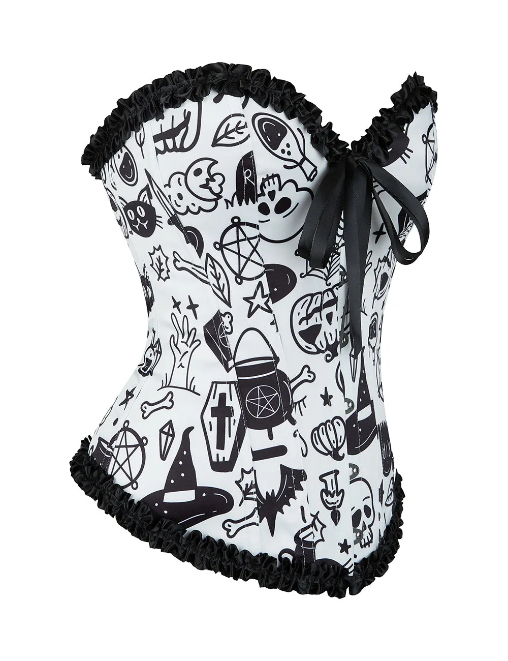 12 Pieces Plastic Bones White Sexy Cartoon Print Bow Lace Up Halloween Corset