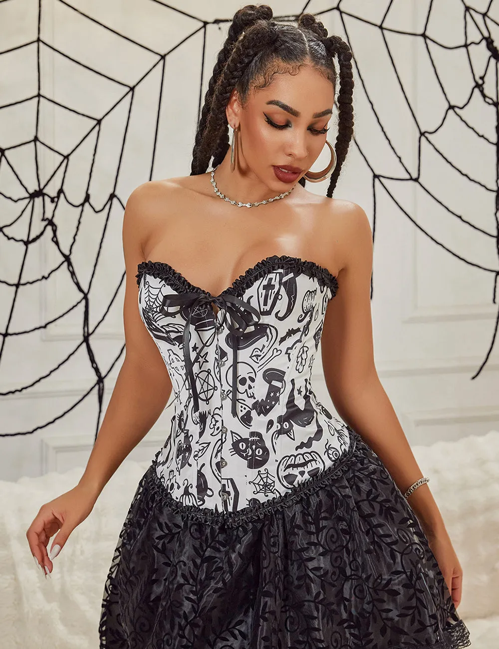 12 Pieces Plastic Bones White Sexy Cartoon Print Bow Lace Up Halloween Corset