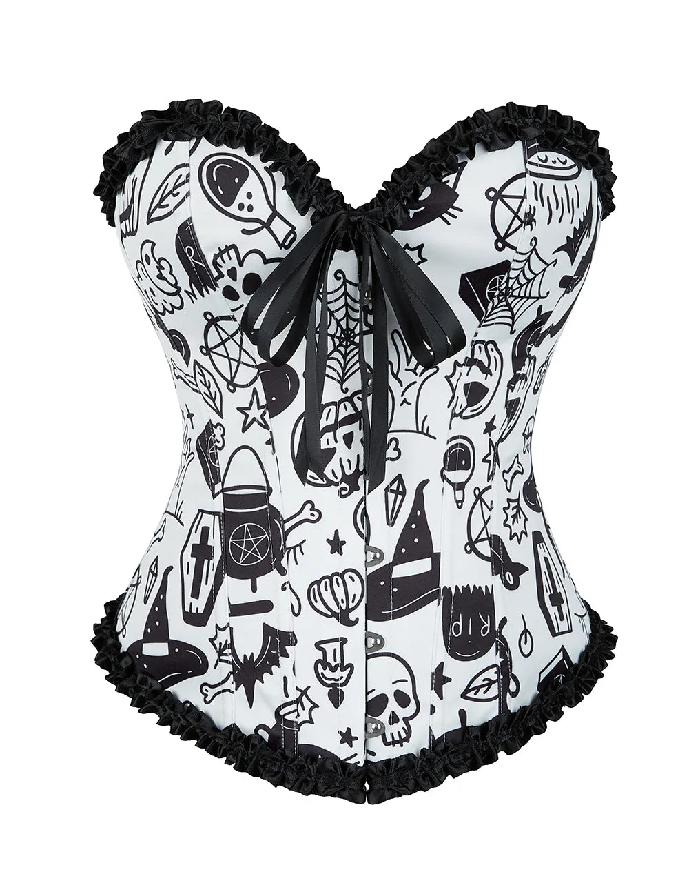 12 Pieces Plastic Bones White Sexy Cartoon Print Bow Lace Up Halloween Corset