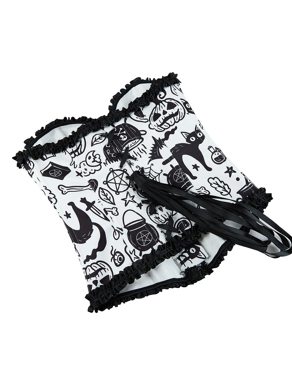 12 Pieces Plastic Bones White Sexy Cartoon Print Bow Lace Up Halloween Corset