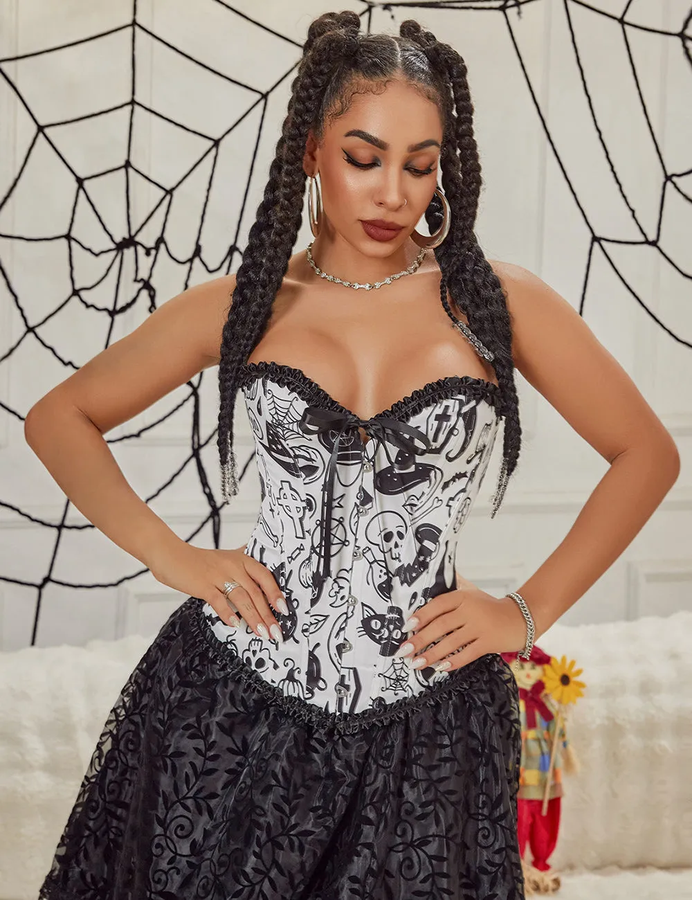 12 Pieces Plastic Bones White Sexy Cartoon Print Bow Lace Up Halloween Corset