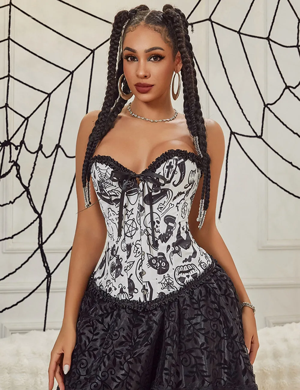 12 Pieces Plastic Bones White Sexy Cartoon Print Bow Lace Up Halloween Corset