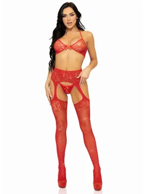 3 Pc Rhinestone Bra Top, G-String, Garter Belt Stockings Red