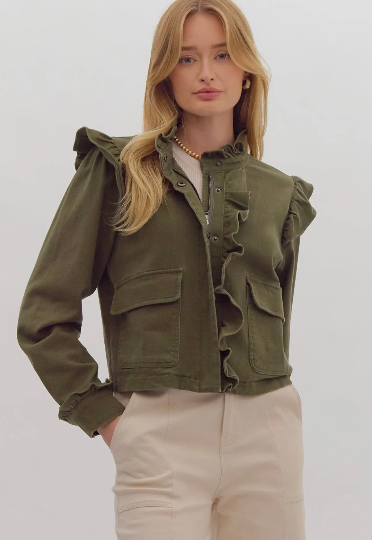 Angie Olive Ruffle Jacket