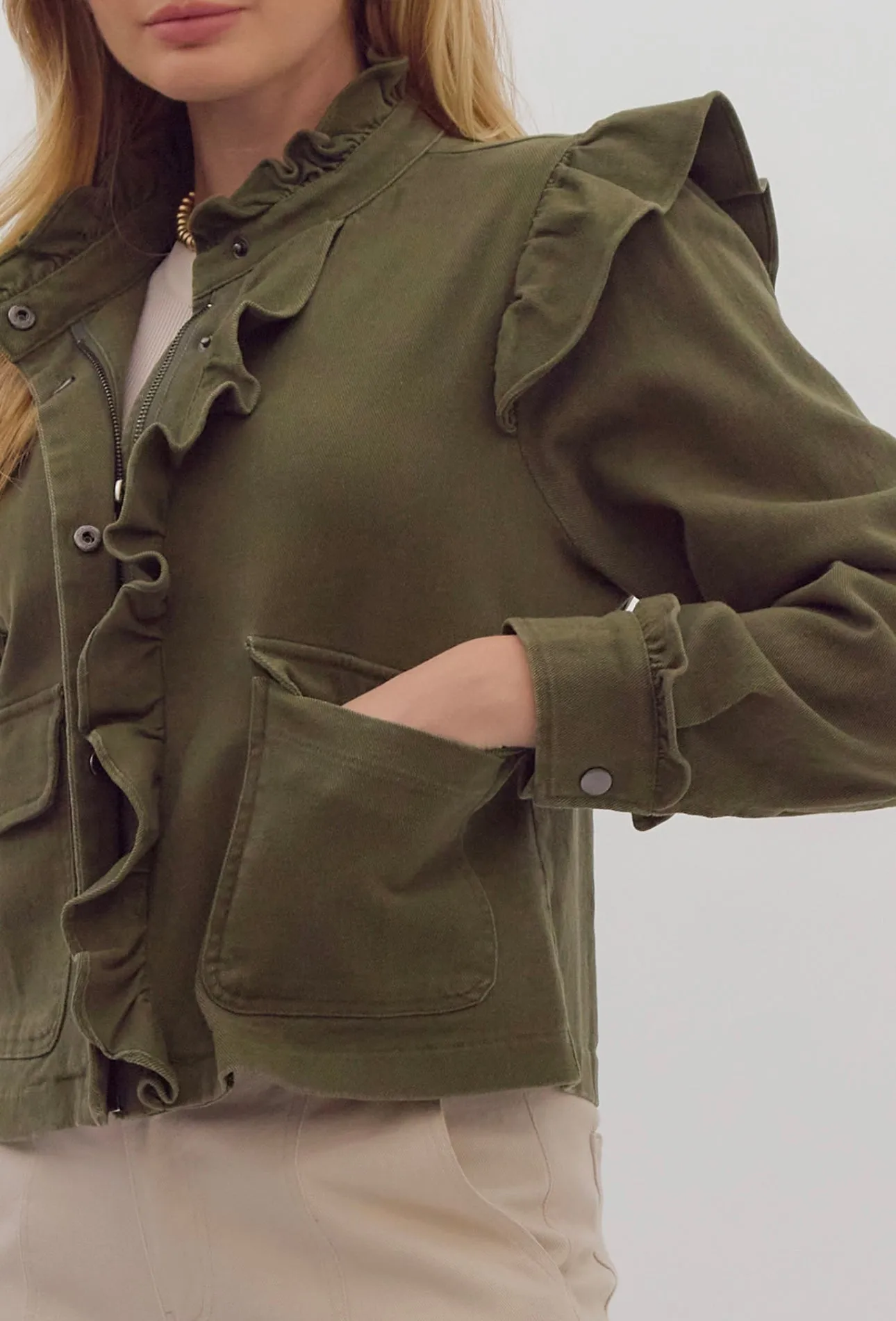 Angie Olive Ruffle Jacket