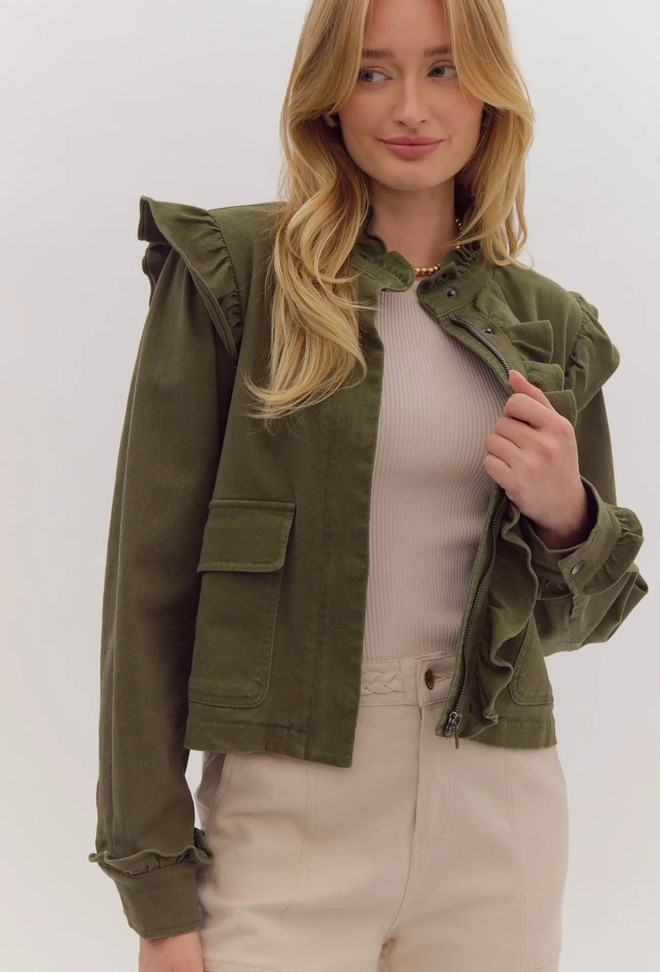 Angie Olive Ruffle Jacket