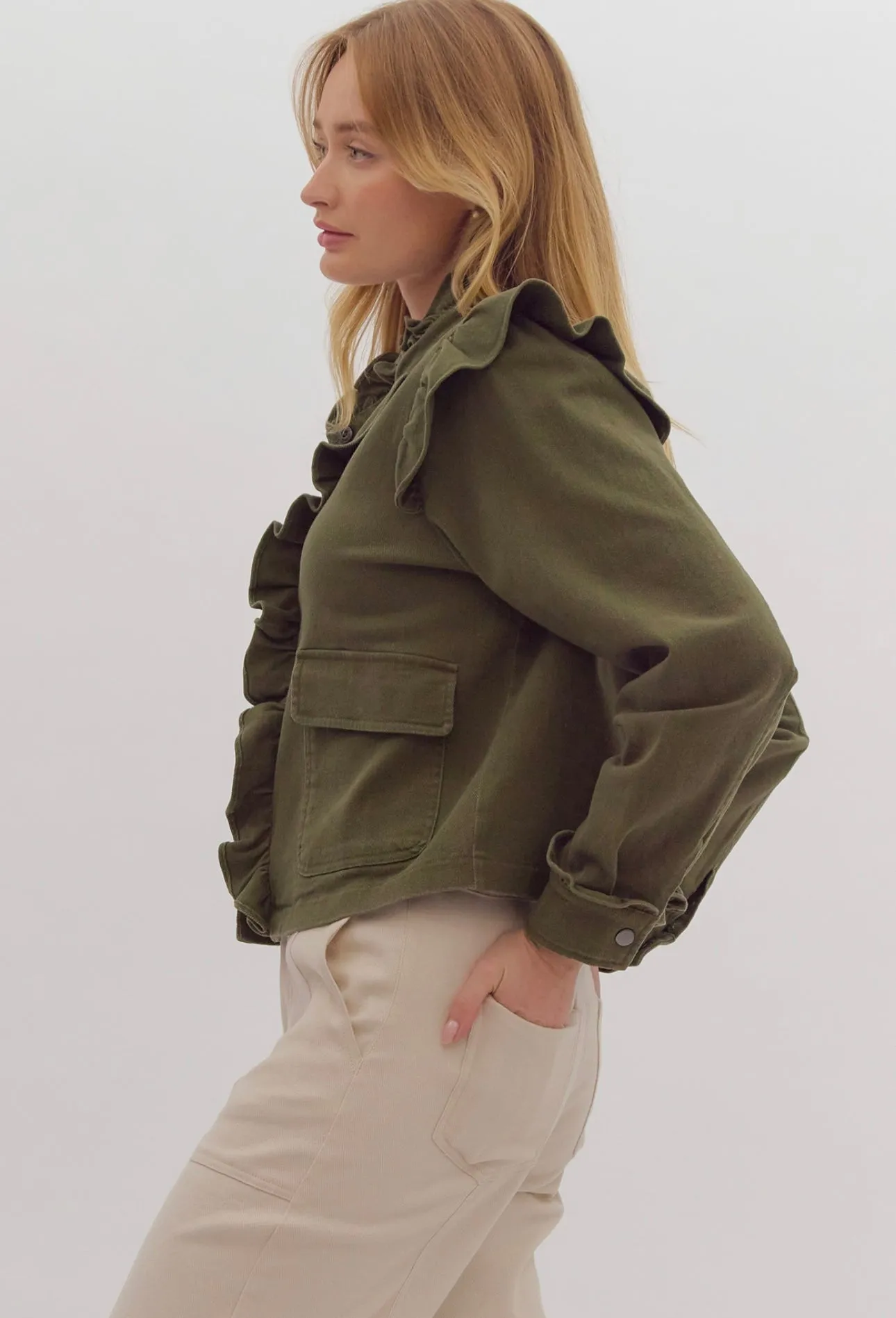 Angie Olive Ruffle Jacket