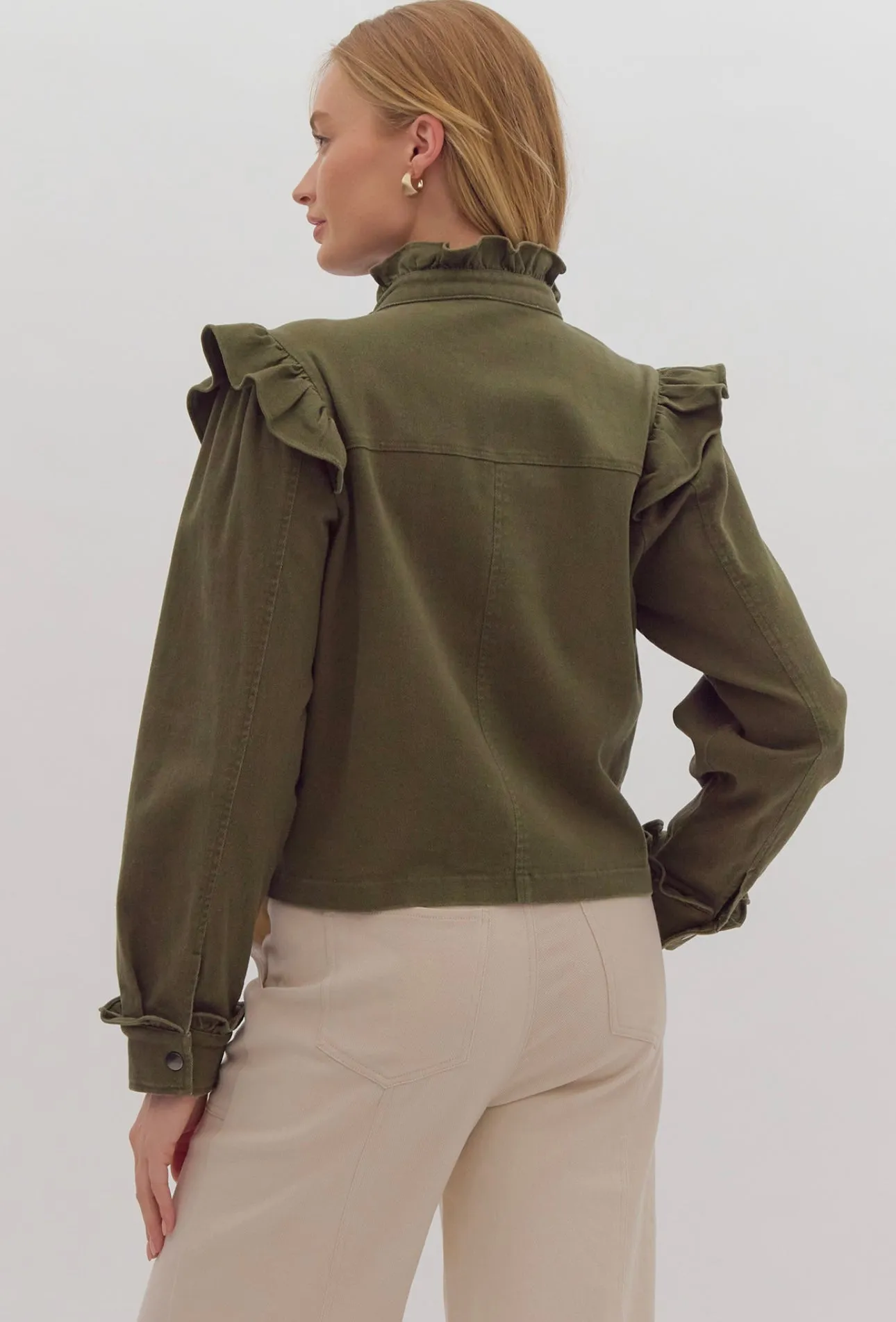 Angie Olive Ruffle Jacket