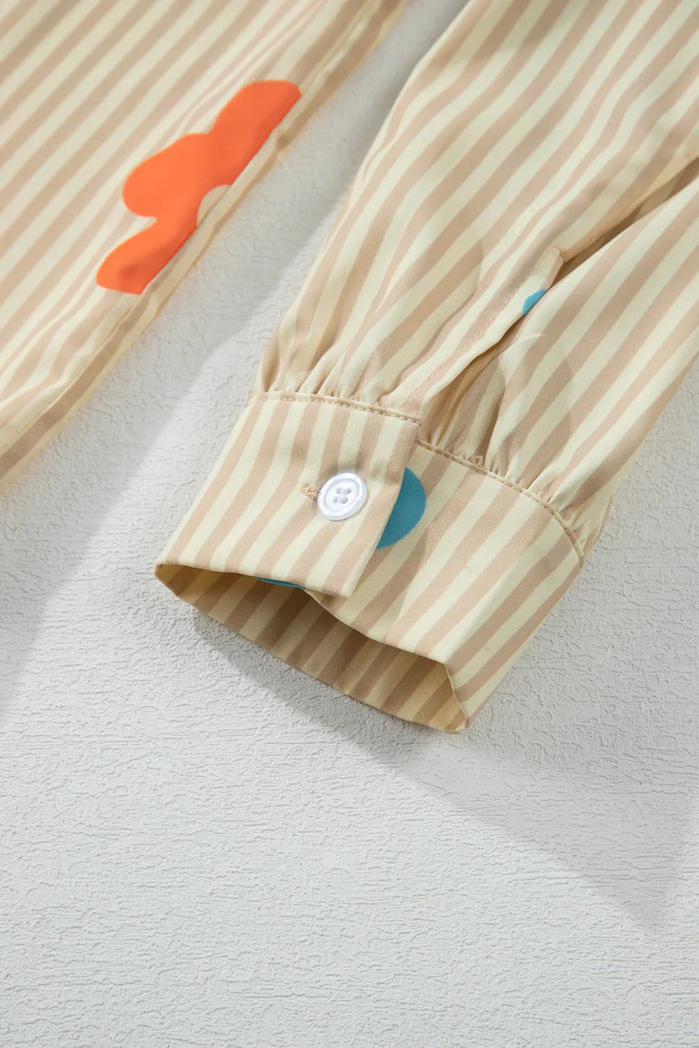 Apricot Stripe Flower Print Collared Button-up Loose Fit Shirt