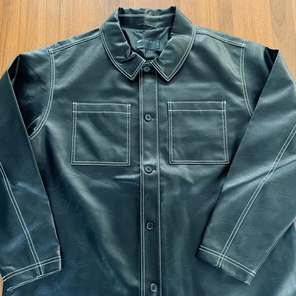 ASOS Curve Black Faux Leather Jacket with White Contrast Stitching in Boxy Fit