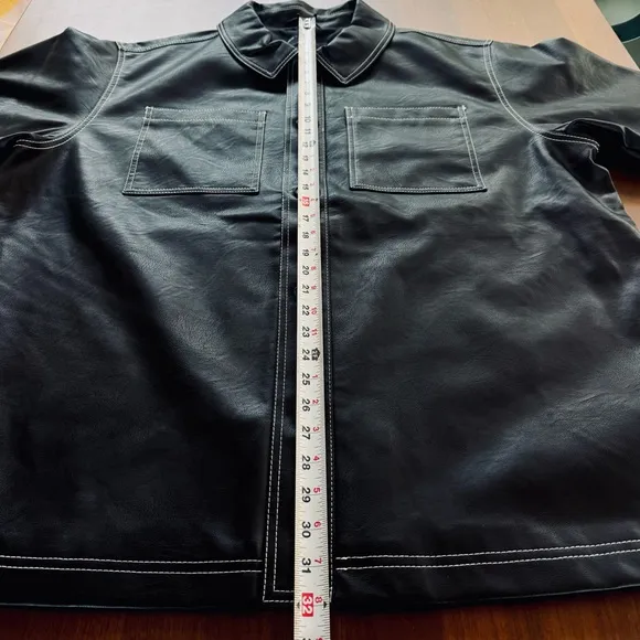 ASOS Curve Black Faux Leather Jacket with White Contrast Stitching in Boxy Fit