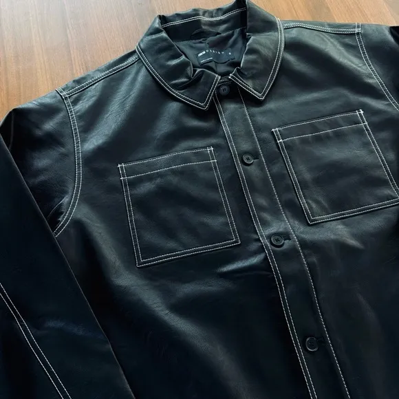 ASOS Curve Black Faux Leather Jacket with White Contrast Stitching in Boxy Fit