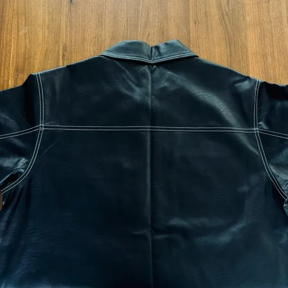 ASOS Curve Black Faux Leather Jacket with White Contrast Stitching in Boxy Fit
