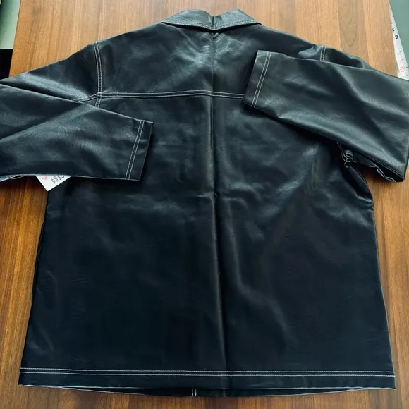 ASOS Curve Black Faux Leather Jacket with White Contrast Stitching in Boxy Fit
