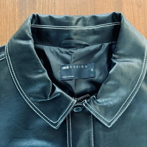 ASOS Curve Black Faux Leather Jacket with White Contrast Stitching in Boxy Fit
