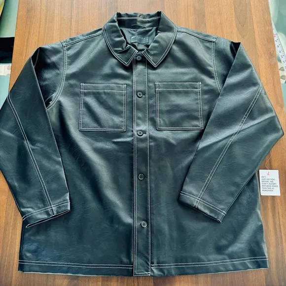ASOS Curve Black Faux Leather Jacket with White Contrast Stitching in Boxy Fit