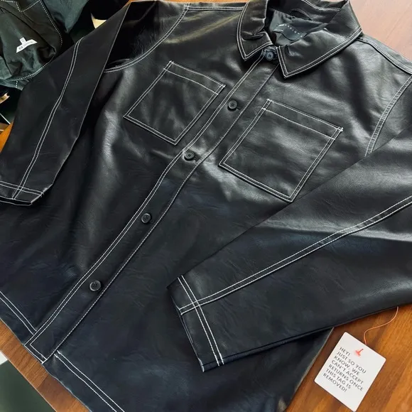 ASOS Curve Black Faux Leather Jacket with White Contrast Stitching in Boxy Fit