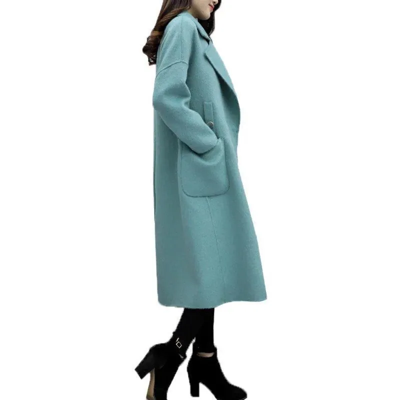 Autumn Winter Cashmere Trench Jacket Women Casual Solid Color Coat Warm Button Pocket Jackets