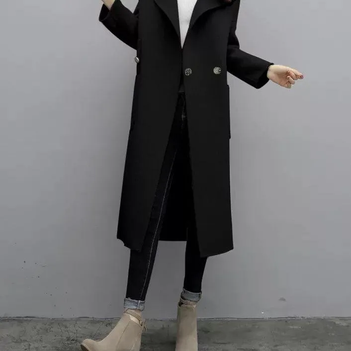 Autumn Winter Cashmere Trench Jacket Women Casual Solid Color Coat Warm Button Pocket Jackets