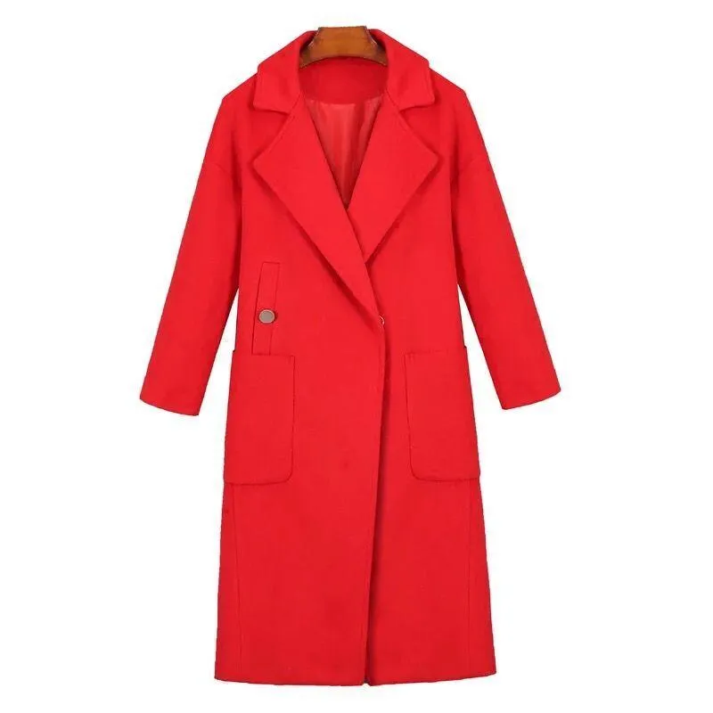Autumn Winter Cashmere Trench Jacket Women Casual Solid Color Coat Warm Button Pocket Jackets
