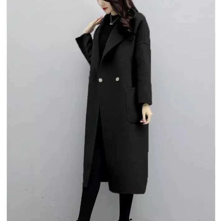 Autumn Winter Cashmere Trench Jacket Women Casual Solid Color Coat Warm Button Pocket Jackets