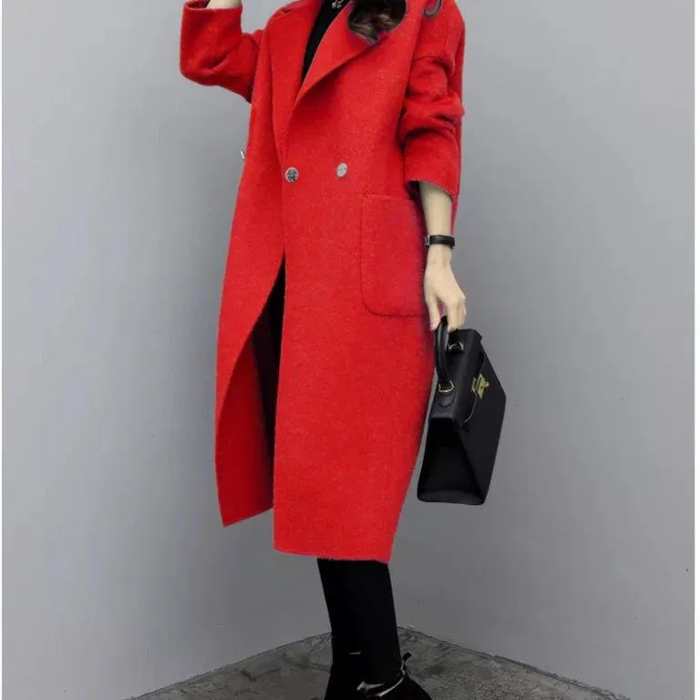 Autumn Winter Cashmere Trench Jacket Women Casual Solid Color Coat Warm Button Pocket Jackets