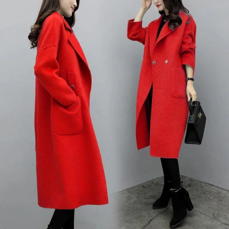 Autumn Winter Cashmere Trench Jacket Women Casual Solid Color Coat Warm Button Pocket Jackets