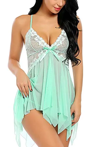 Avidlove Women Lingerie Babydoll Lace Nightdress V Neck Sleepwear Mesh Chemise Apple Green