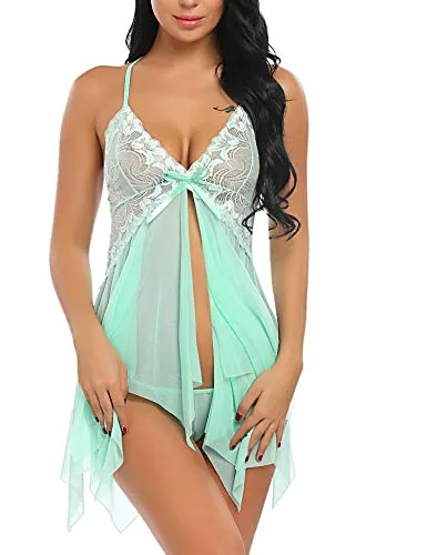Avidlove Women Lingerie Babydoll Lace Nightdress V Neck Sleepwear Mesh Chemise Apple Green