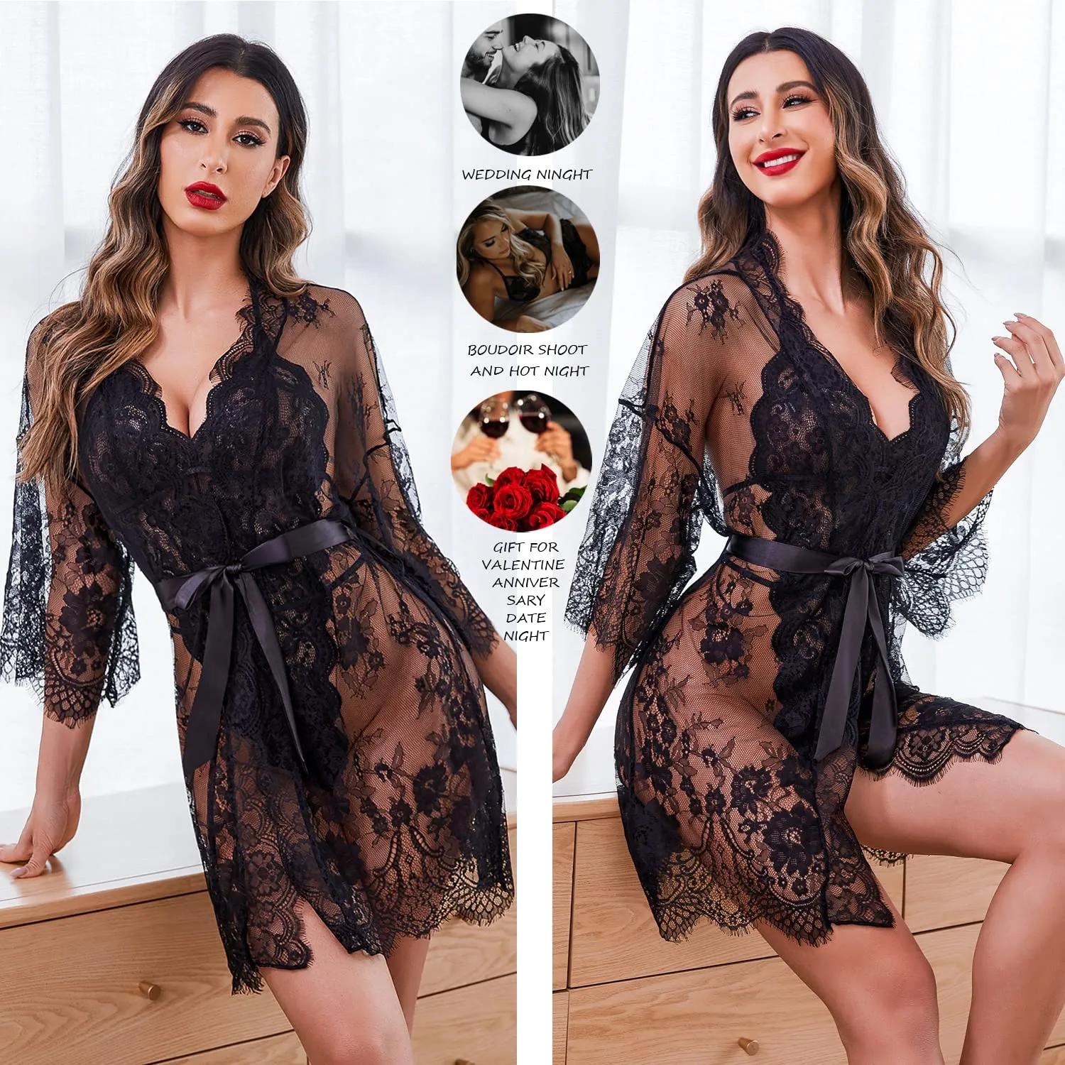 Avidlove Women Sexy Bridal Lingerie Set 2 Piece Lace Robe With Sheer Teddy Babydoll Bodysuit Black