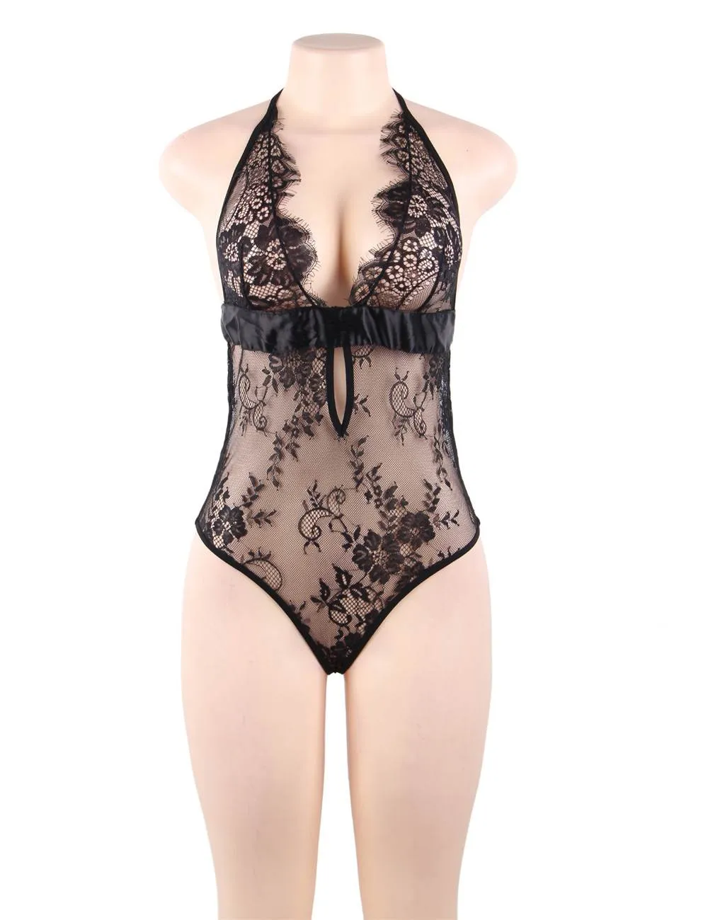 Black & Red & Blue Deep V Backless Exquisite Lace Teddy With Farawlaya