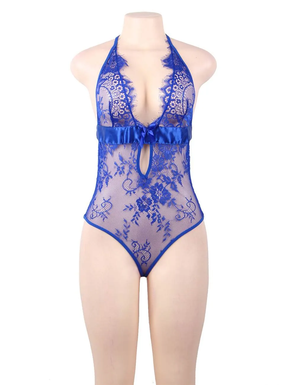 Black & Red & Blue Deep V Backless Exquisite Lace Teddy With Farawlaya