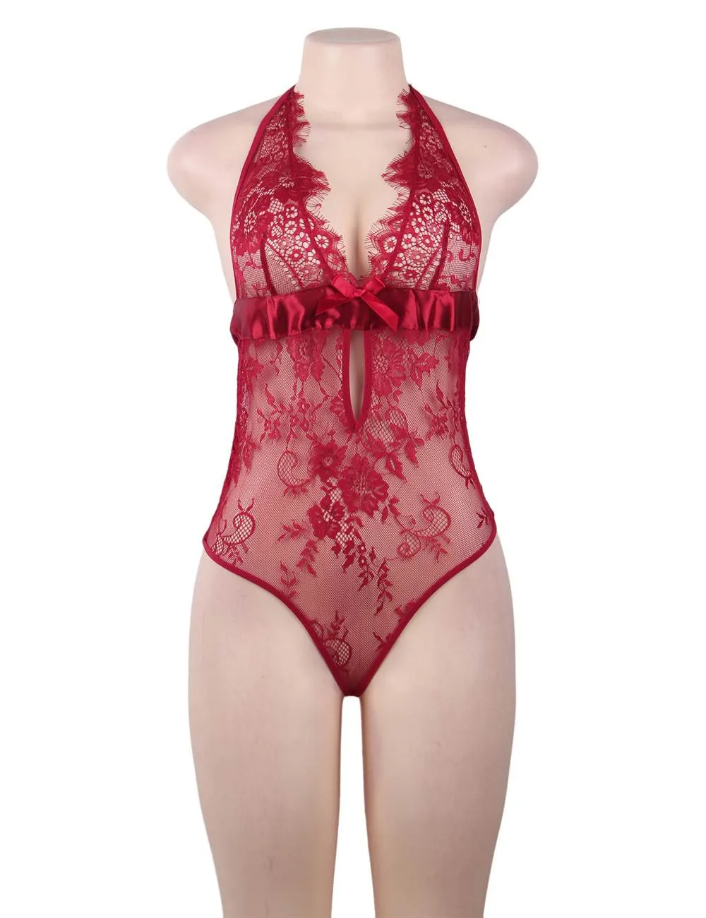 Black & Red & Blue Deep V Backless Exquisite Lace Teddy With Farawlaya