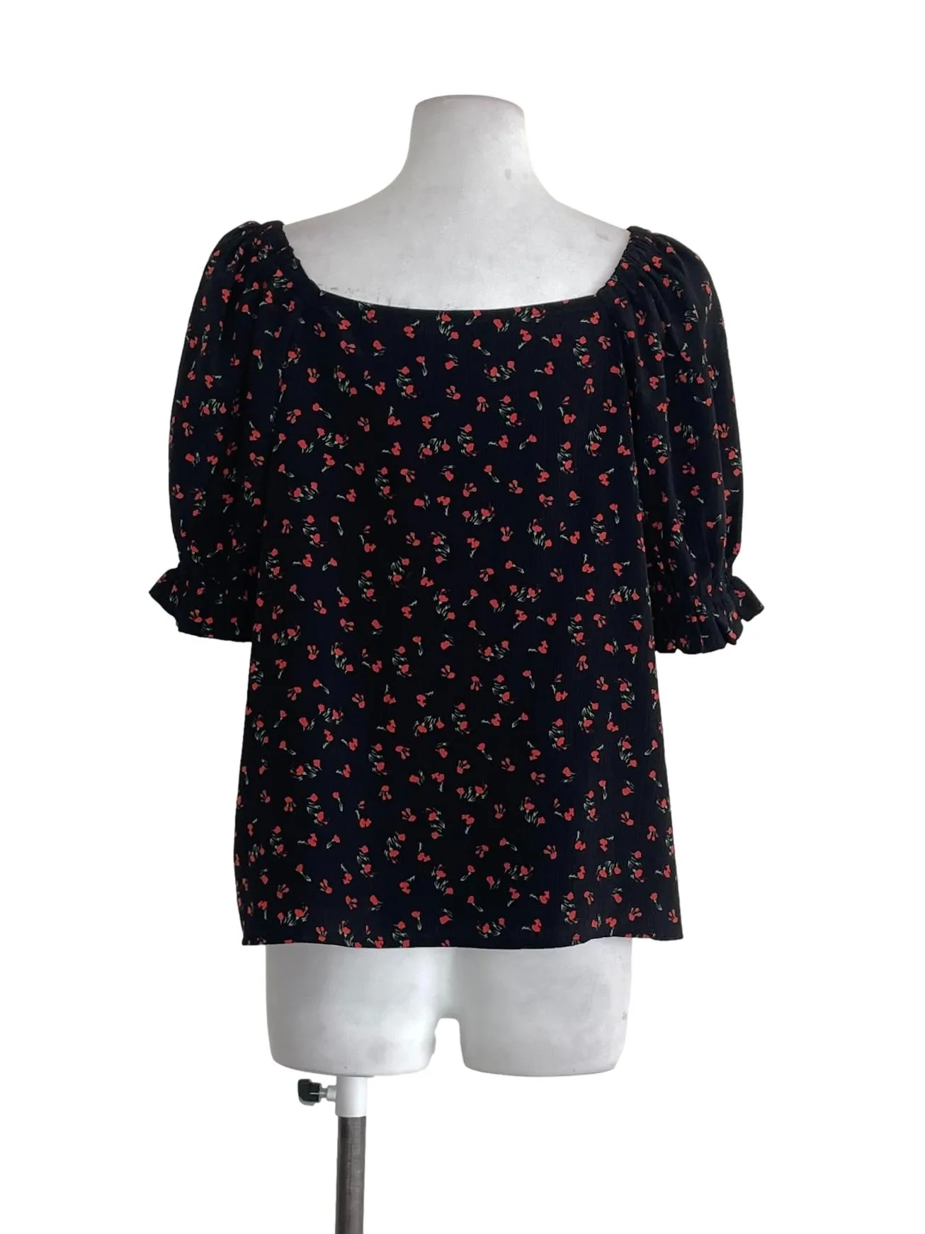 Black Floral Button & Puff Sleeves  Blouse