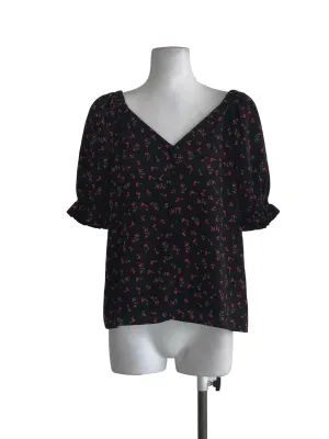 Black Floral Button & Puff Sleeves  Blouse