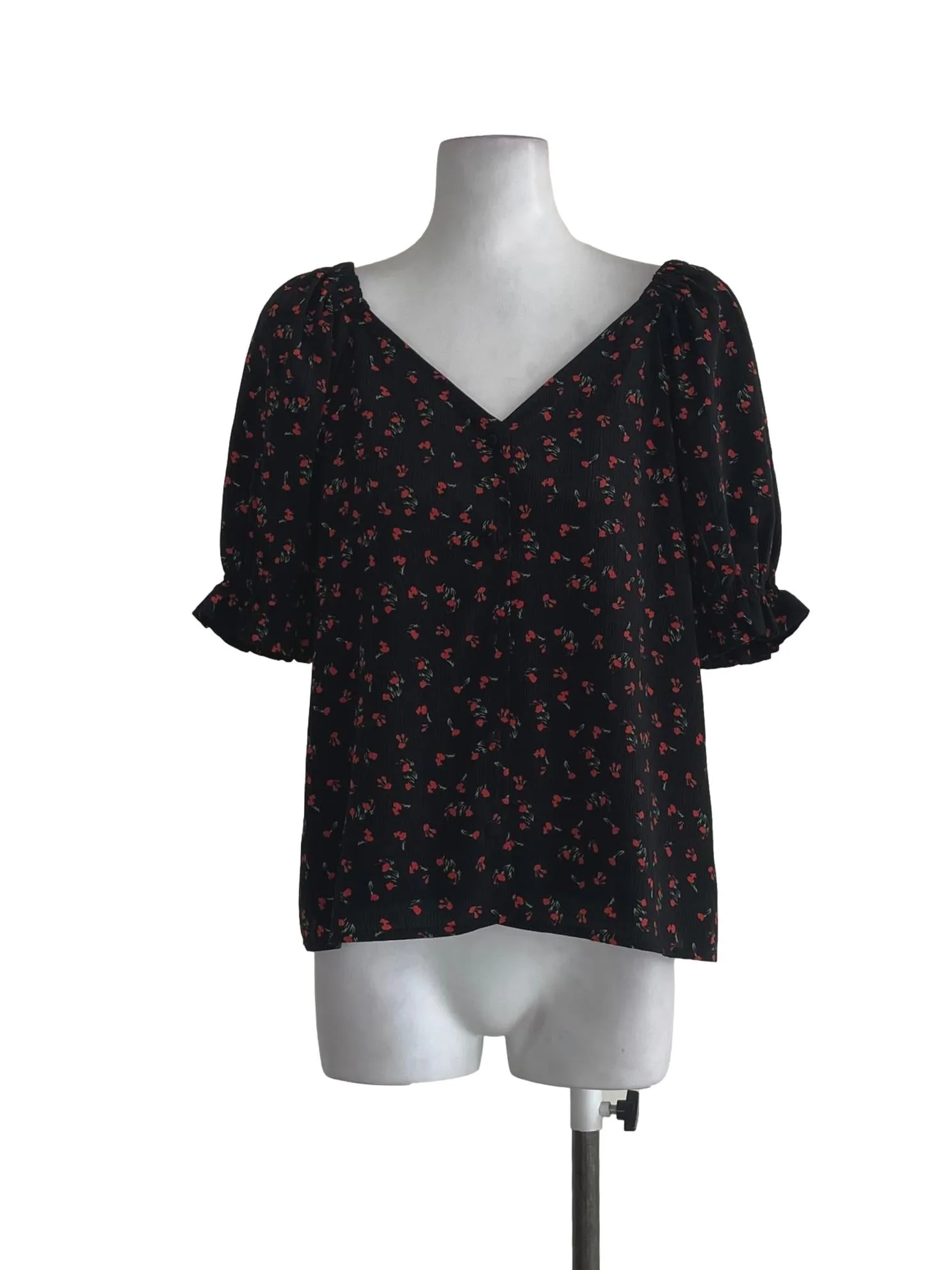 Black Floral Button & Puff Sleeves  Blouse