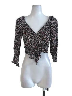 Black Floral Wrap Top