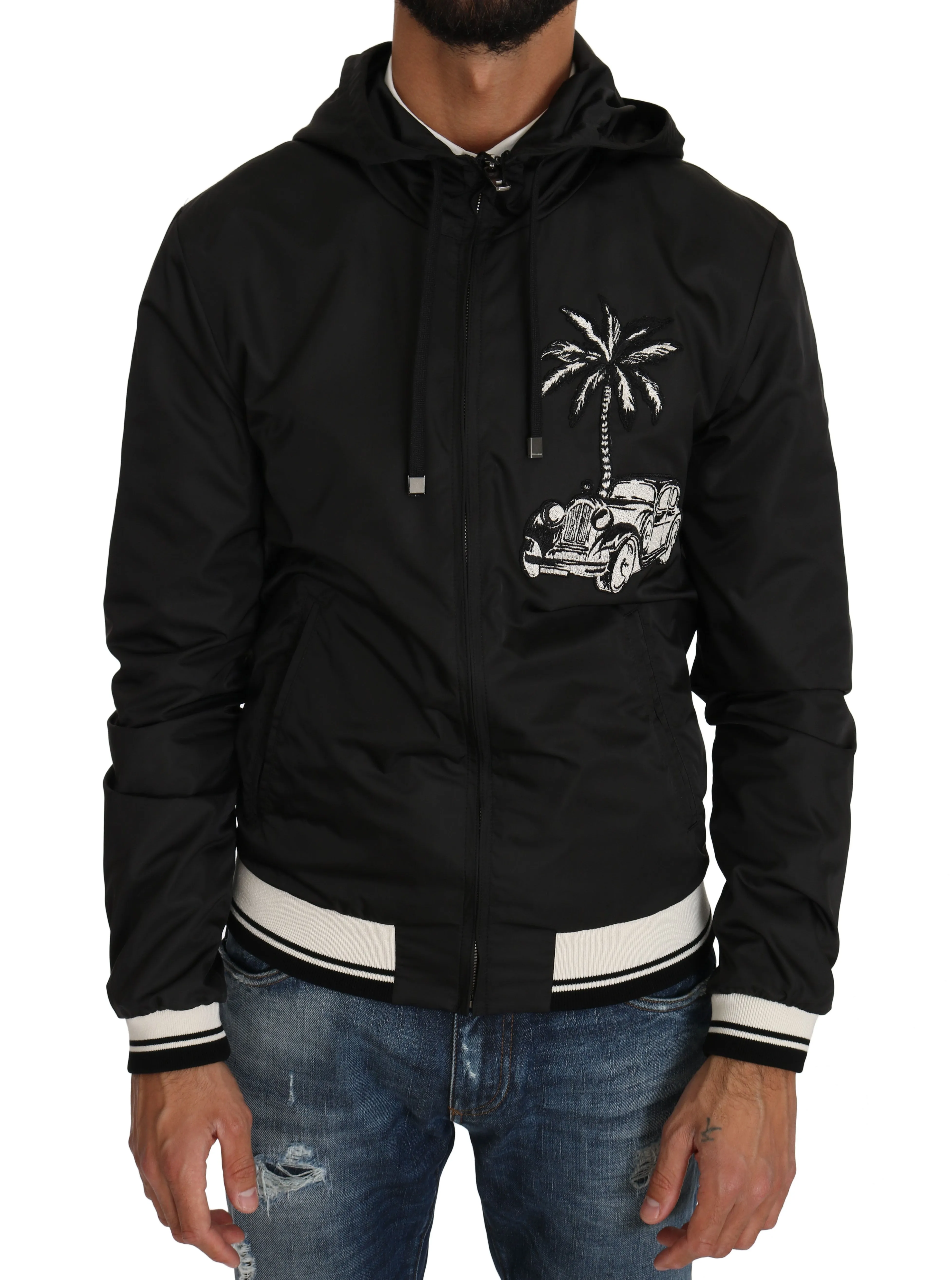 Black Hooded Palm Car Windbreaker Jacket