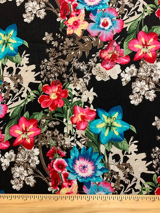 Black Multi Floral Print Rayon Fabric